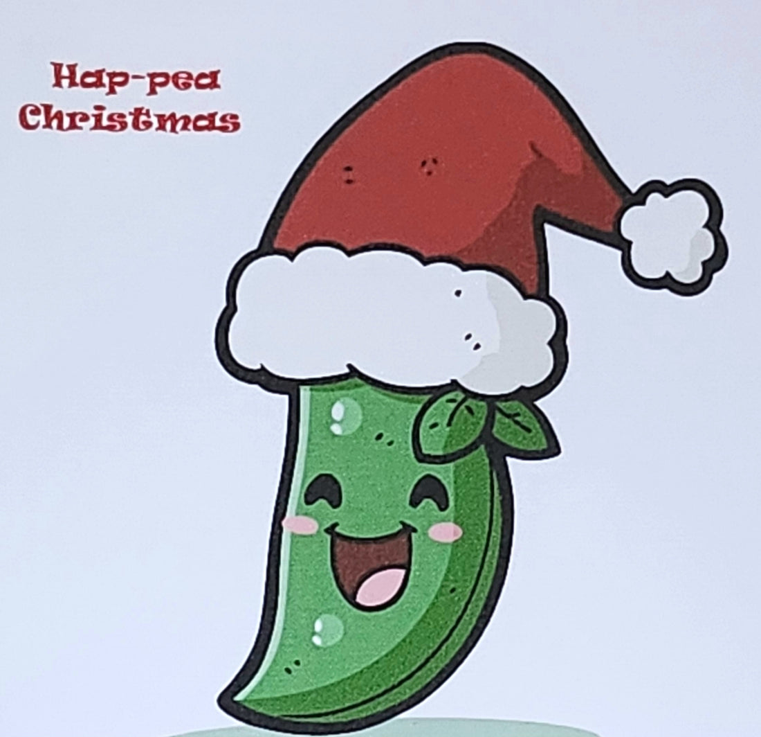 Funny Christmas Card 'Hap-pea Christmas' Laughing Cartoon Pea Pod In Santa Hat White Linen Effect Happy Christmas Festive Free Delivery