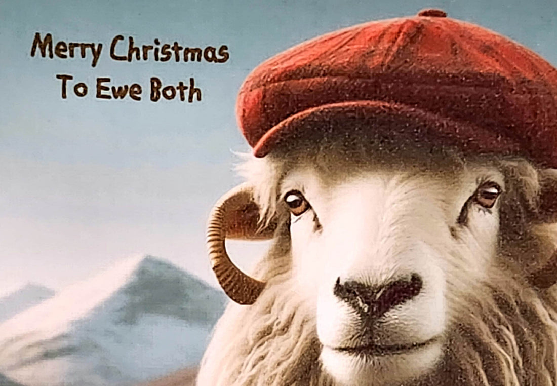 Christmas Sheep Card Handmade 'Merry Christmas To Ewe Both'  Couple Red Flat Cap In The Snow White Linen Effect Square Card Free Delivery