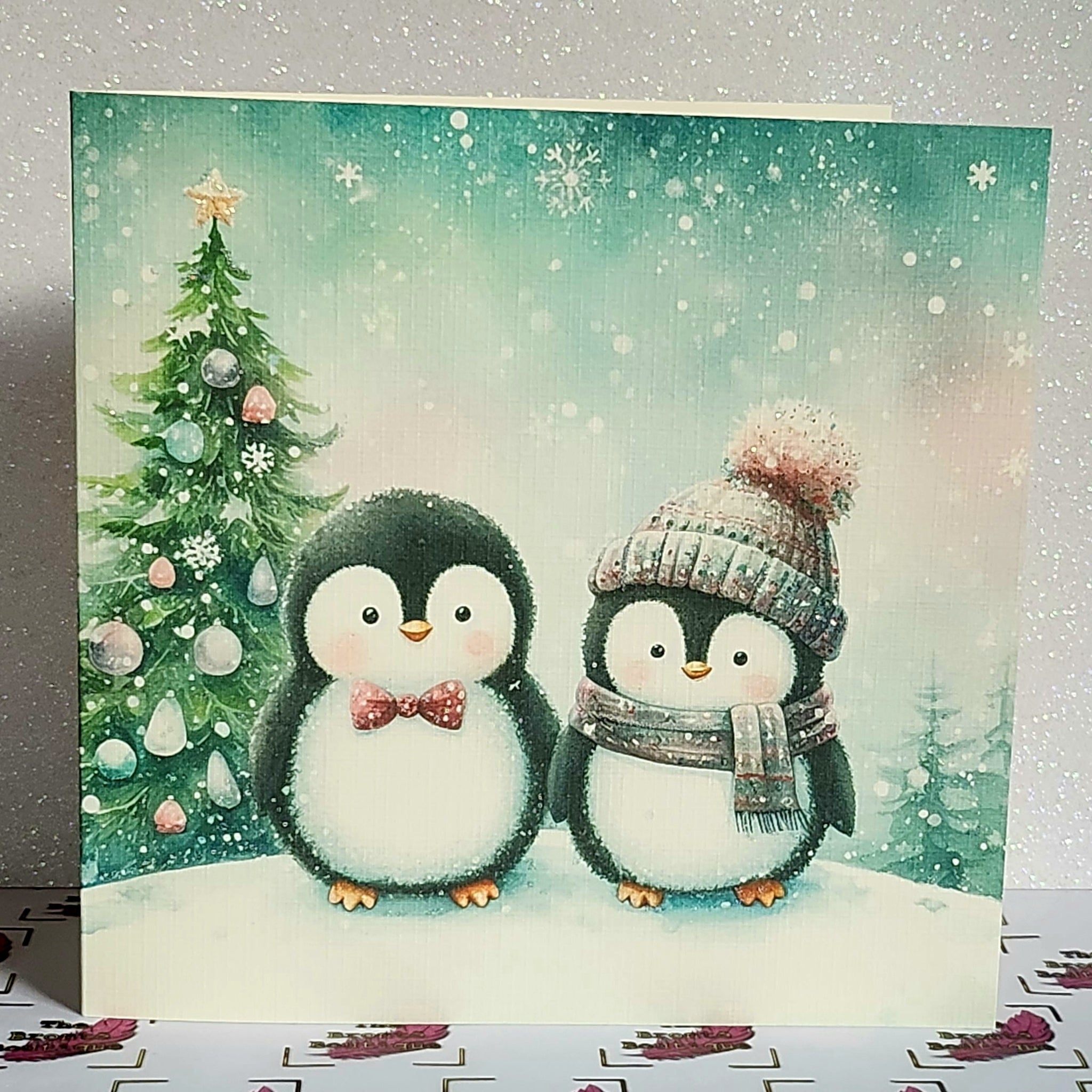 Christmas Penguin Couple Card Husband Wife Girlfriend Boyfriend Fiance Partner Bobble Hat Handmade Glitter Ivory Linen Effect Free Delivery