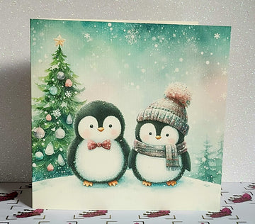 Christmas Penguin Couple Card Husband Wife Girlfriend Boyfriend Fiance Partner Bobble Hat Handmade Glitter Ivory Linen Effect Free Delivery