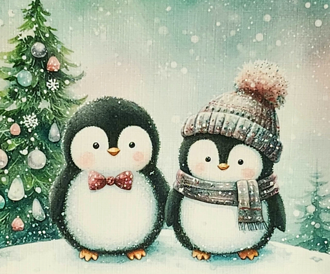 Christmas Penguin Couple Card Husband Wife Girlfriend Boyfriend Fiance Partner Bobble Hat Handmade Glitter Ivory Linen Effect Free Delivery