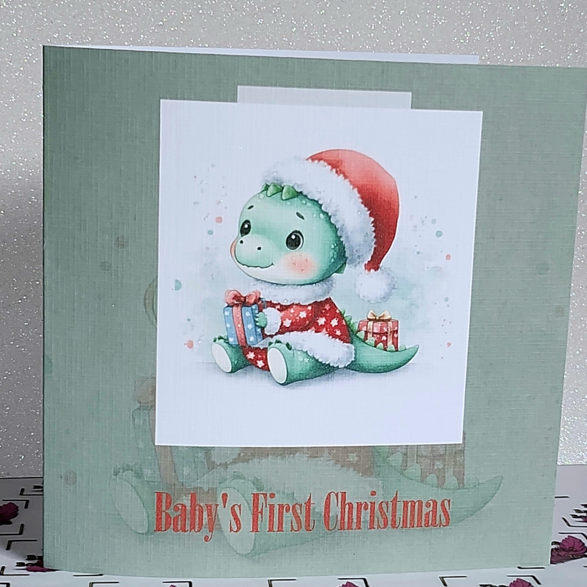 Baby's First Christmas Card Cute Baby Dino With Santa Hat Handmade Free Delivery.