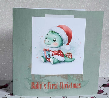Baby's First Christmas Card Cute Baby Dino With Santa Hat Handmade Free Delivery.