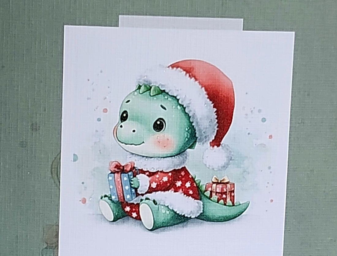 Baby's First Christmas Card Cute Baby Dino With Santa Hat Handmade Free Delivery.