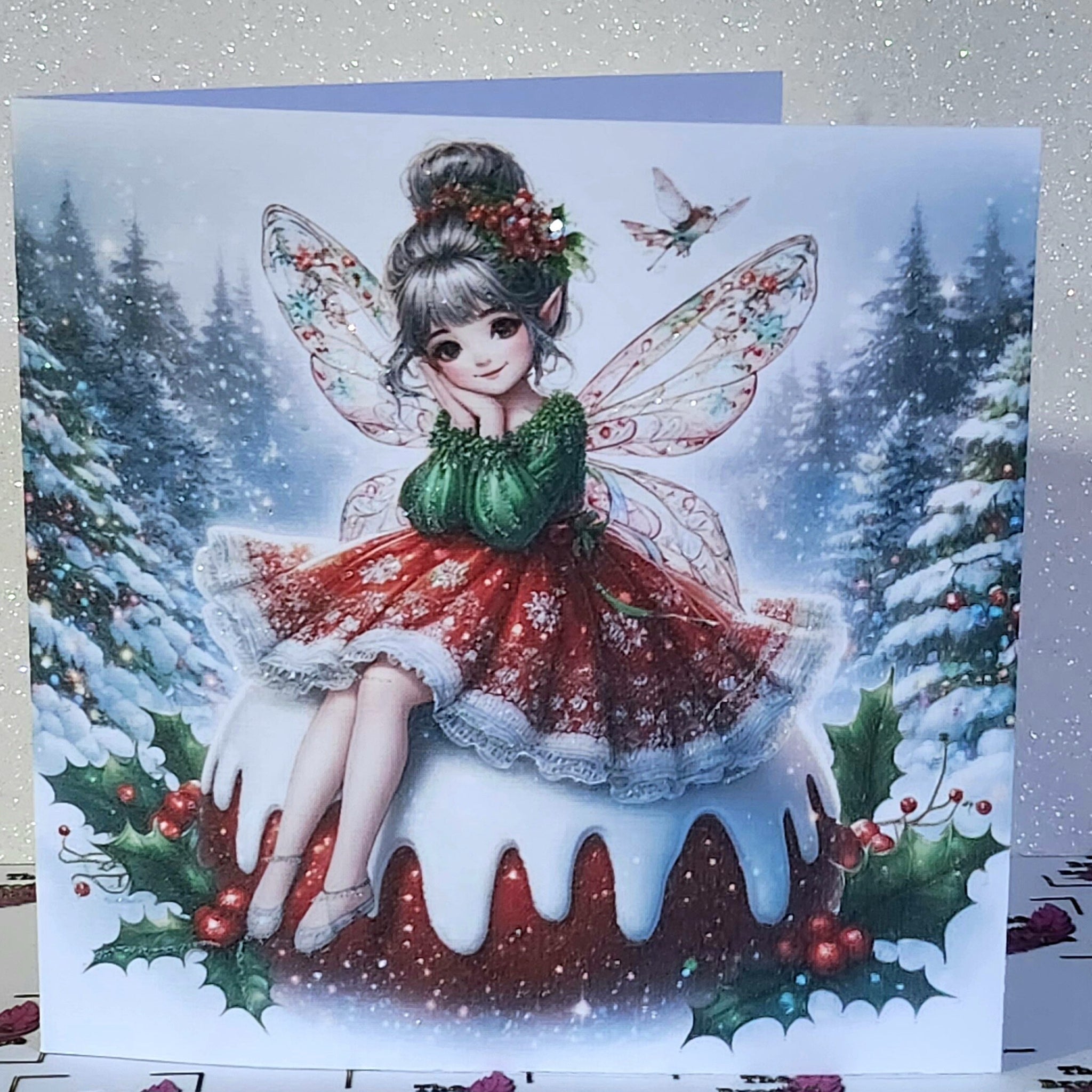 Christmas Fairy Card Handmade Fairy Sat On Christmas Pudding Genuine Swarovski Crystal Glitter Detail Linen Effect Square Card Free Delivery