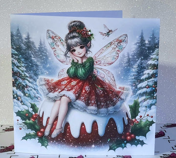 Christmas Fairy Card Handmade Fairy Sat On Christmas Pudding Genuine Swarovski Crystal Glitter Detail Linen Effect Square Card Free Delivery