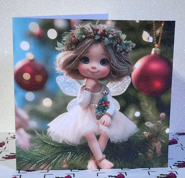 Christmas Fairy Card Handmade Fairy Sat On Christmas Tree Genuine Swarovski Star Crystal Glitter Detail Linen Effect Card Free Delivery