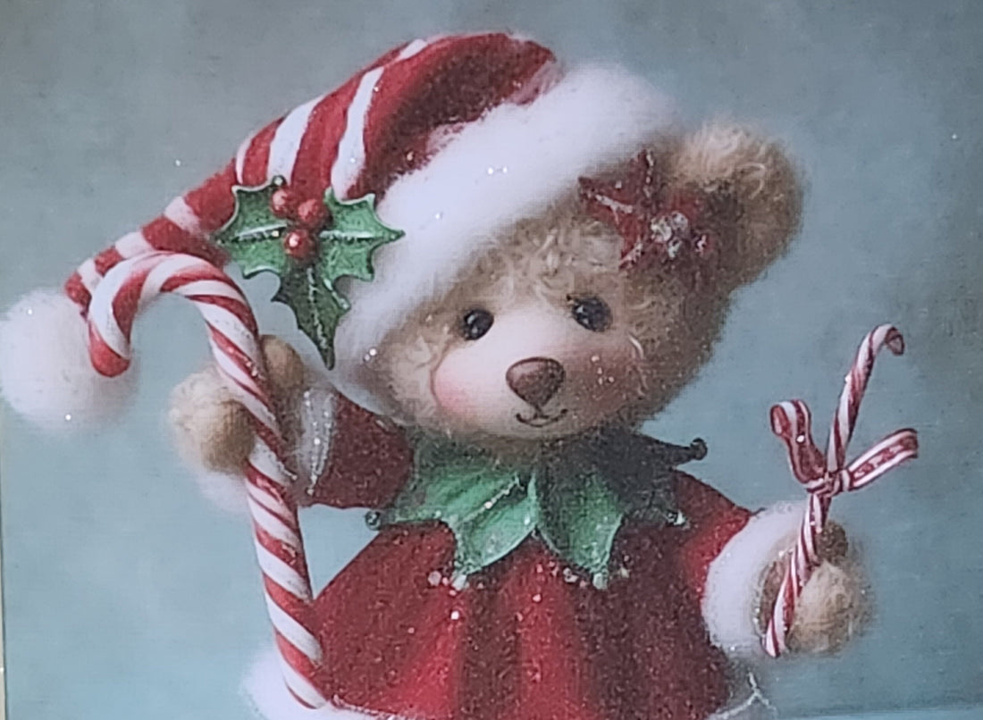 Christmas Elf Card Handmade Tatty Teddy Bear Elf With Candy Cane Elf Outfit Glitter Detail Shiny Shoes Linen Effect White Card Free Delivery