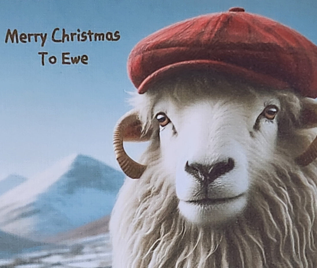 Christmas Sheep Card Handmade 'Merry Christmas To Ewe' Red Flat Cap In The Snow White Linen Effect Square Card Free Delivery