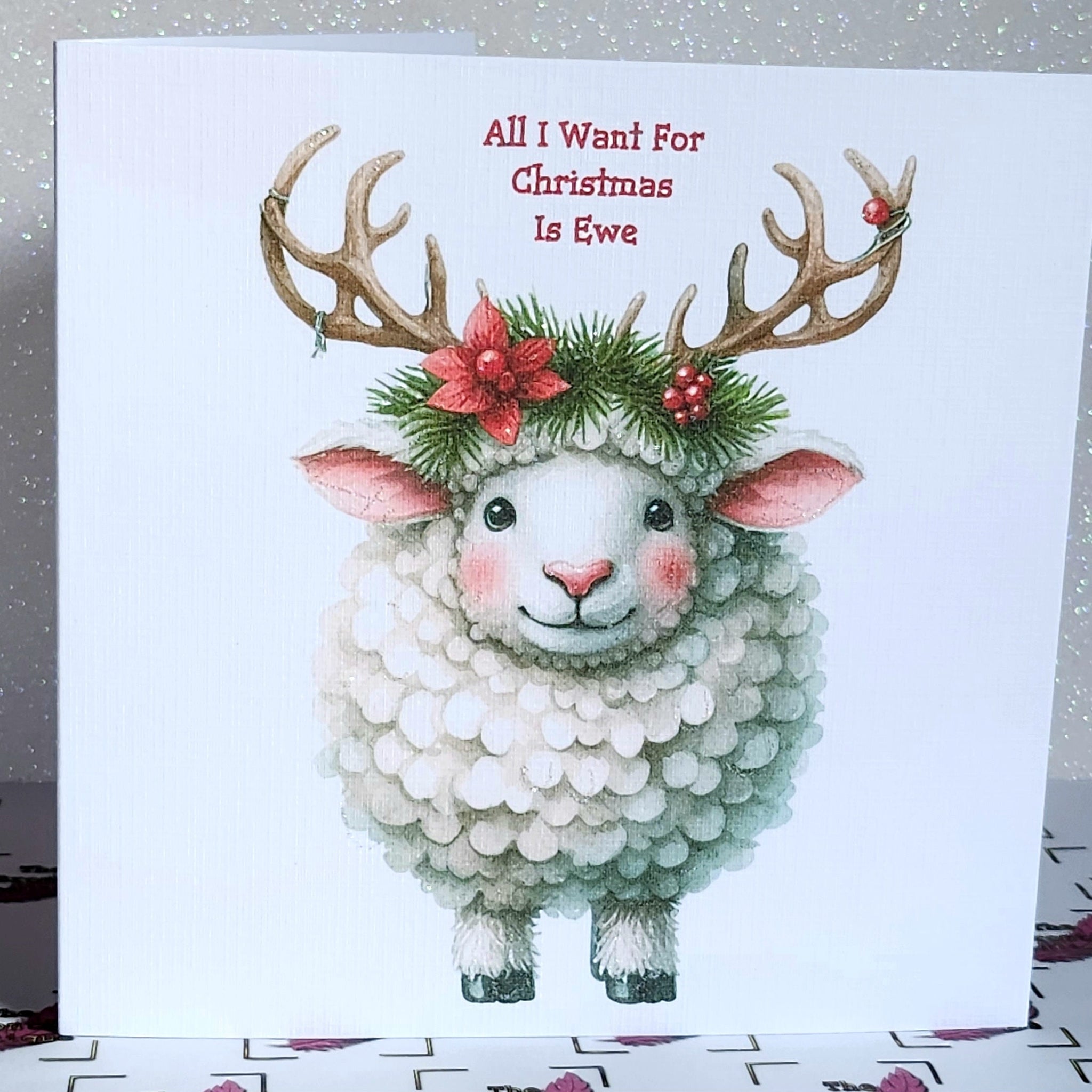 Christmas Reindeer Sheep Handmade Card 'All I Want For Christmas Is Ewe' Reindeer Antlers  White Linen Effect Square Card Free Delivery