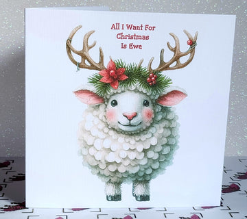 Christmas Reindeer Sheep Handmade Card 'All I Want For Christmas Is Ewe' Reindeer Antlers  White Linen Effect Square Card Free Delivery