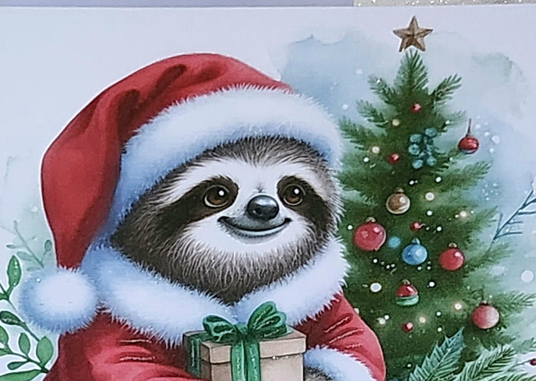 Santa Sloth Christmas Card Sloth Wearing Santa Outfit With Christmas Tree  Handmade Glitter White Linen Effect Square Card Free Delivery