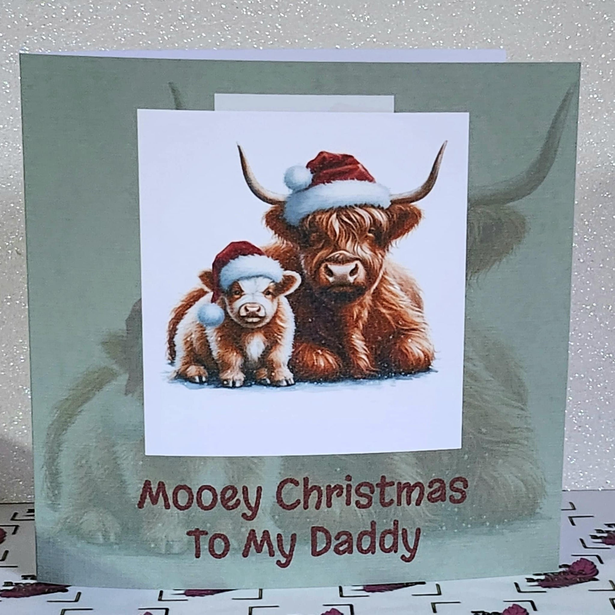 Daddy Highland Cow Christmas Card Highland Coo With Santa Hat And Child Mooey Christmas Handmade Linen Effect Square Card Free Delivery