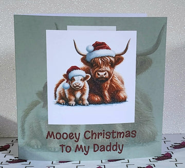 Daddy Highland Cow Christmas Card Highland Coo With Santa Hat And Child Mooey Christmas Handmade Linen Effect Square Card Free Delivery