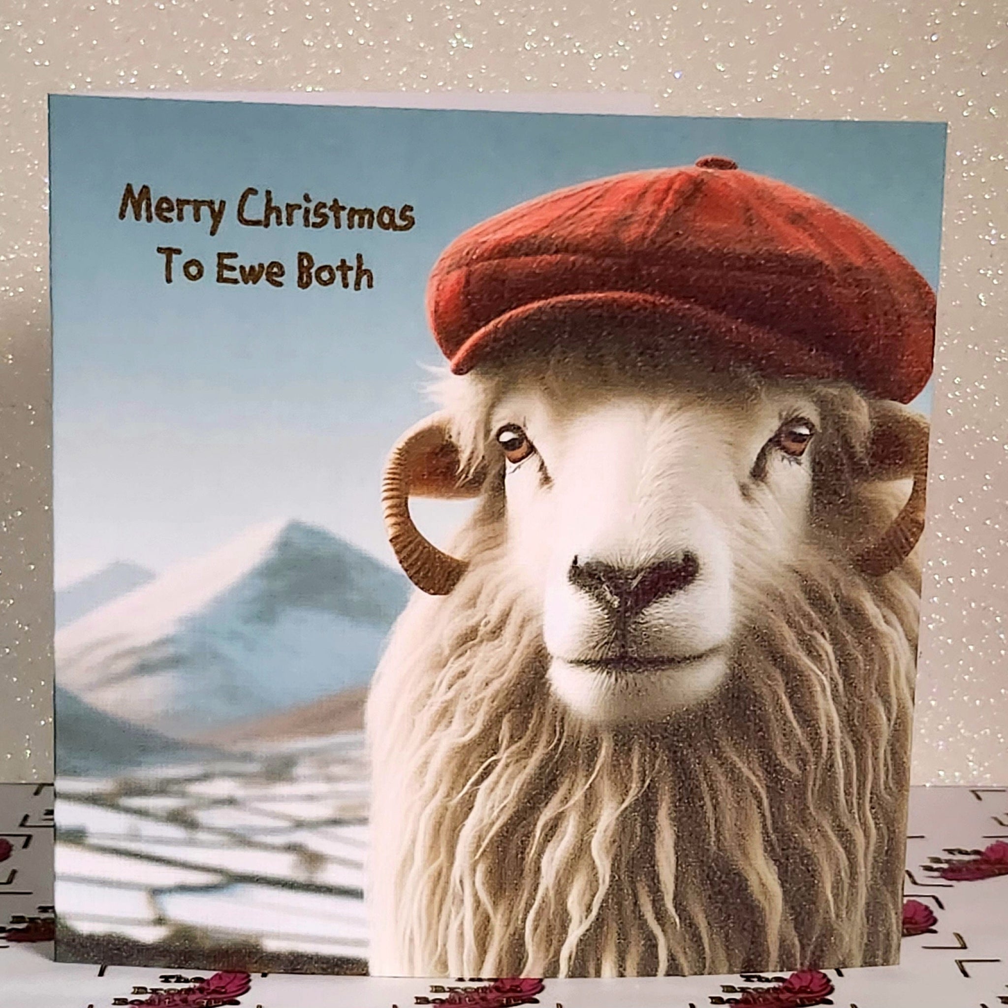 Christmas Sheep Card Handmade 'Merry Christmas To Ewe Both'  Couple Red Flat Cap In The Snow White Linen Effect Square Card Free Delivery