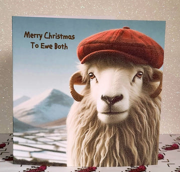 Christmas Sheep Card Handmade 'Merry Christmas To Ewe Both'  Couple Red Flat Cap In The Snow White Linen Effect Square Card Free Delivery