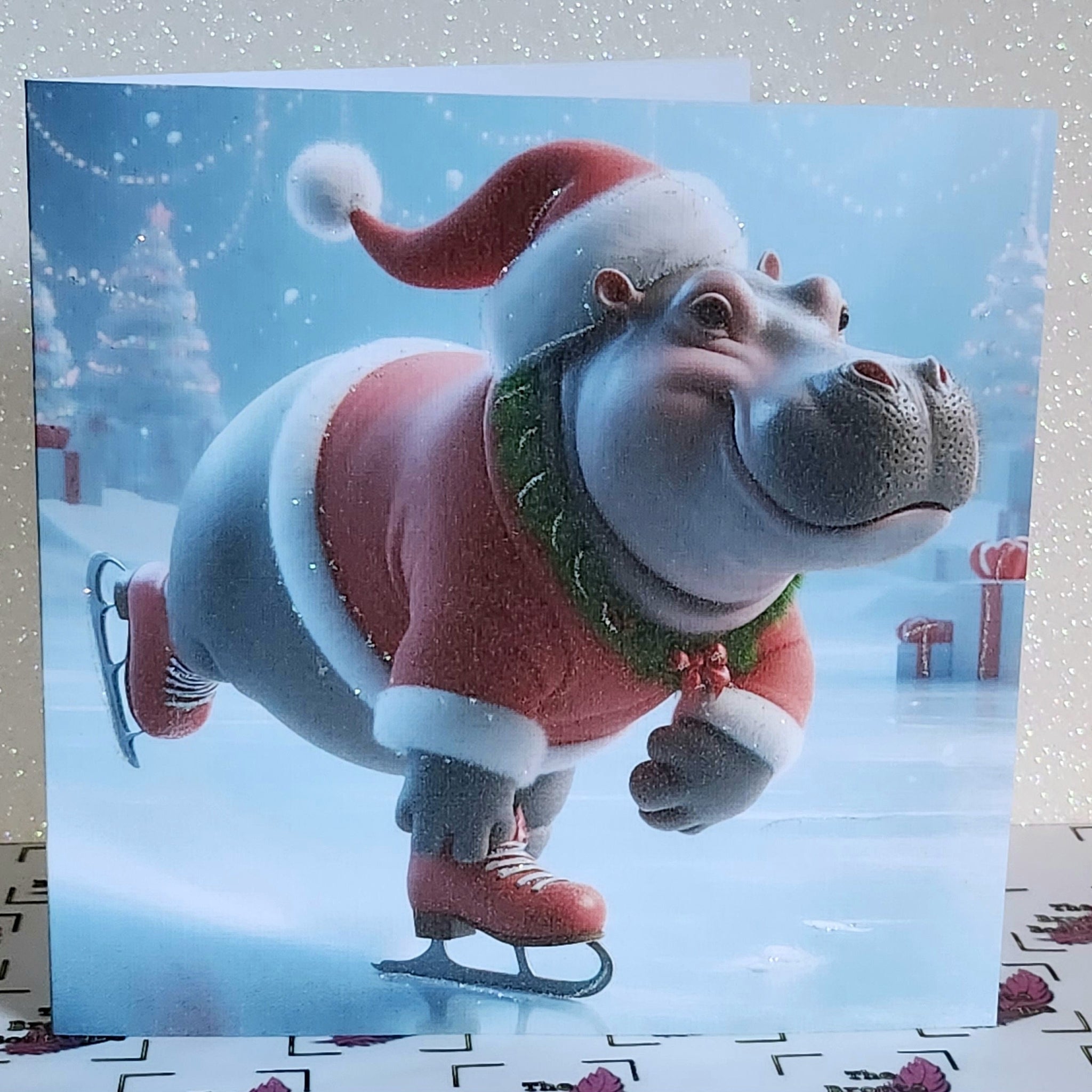 Hippo Christmas Card Ice Skating Santa Hippo Wearing Santa Outfit With Red Boots Glitter Detail Christmas Tree And Presents Free Delivery