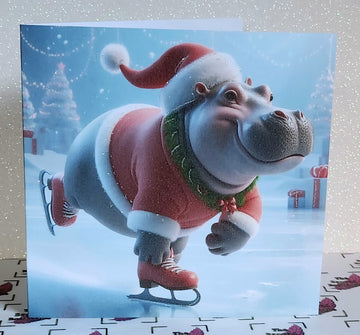 Hippo Christmas Card Ice Skating Santa Hippo Wearing Santa Outfit With Red Boots Glitter Detail Christmas Tree And Presents Free Delivery