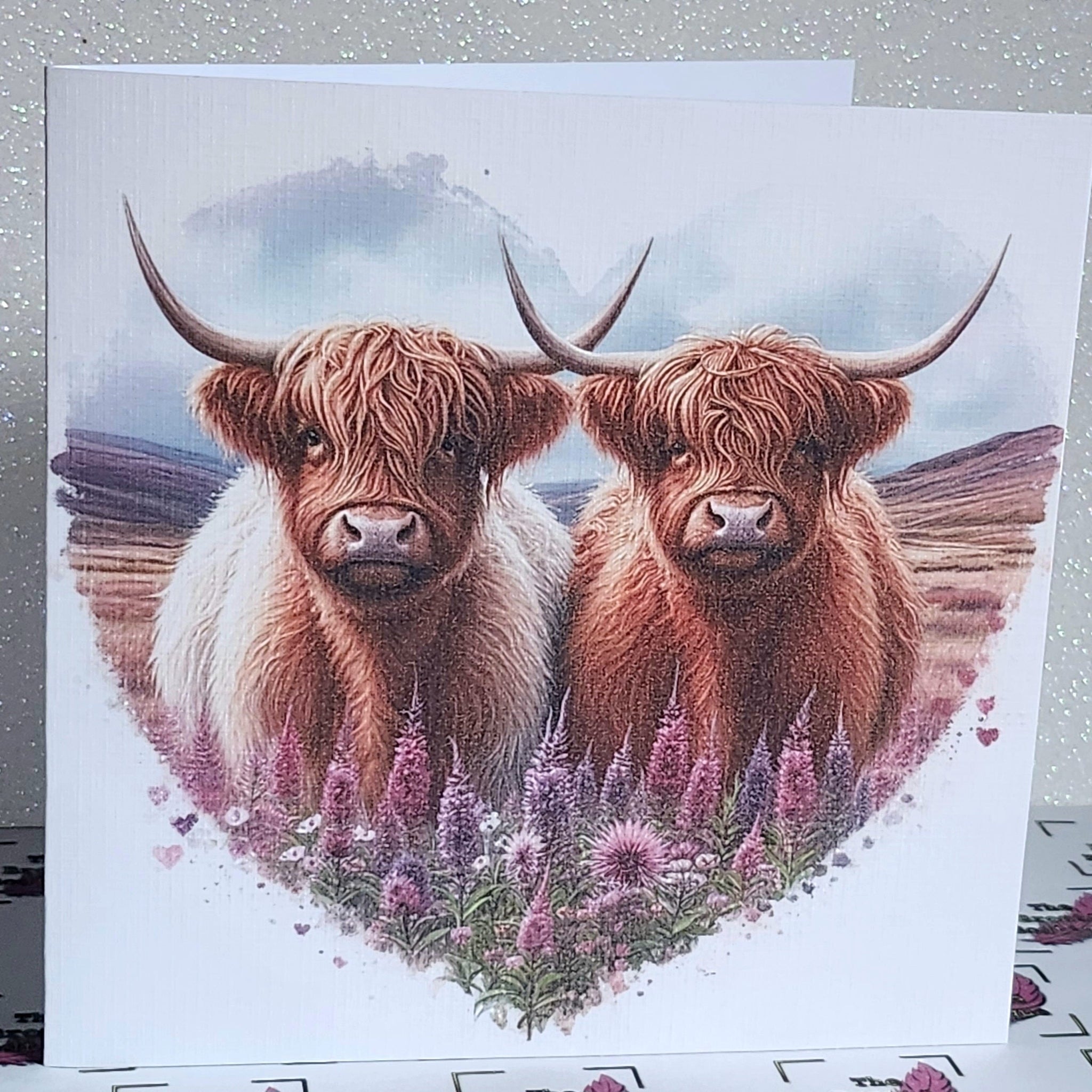 Highland Cow Couple Card Highland Coo With Heart Wedding Anniversary Valentines Day Civil Partnership Handmade Linen Effect Free Delivery