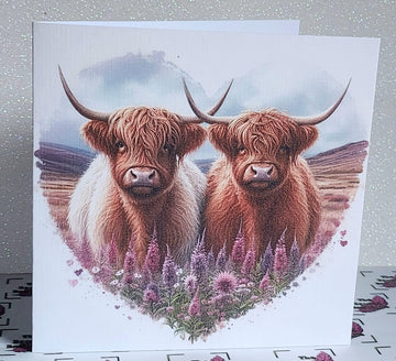 Highland Cow Couple Card Highland Coo With Heart Wedding Anniversary Valentines Day Civil Partnership Handmade Linen Effect Free Delivery