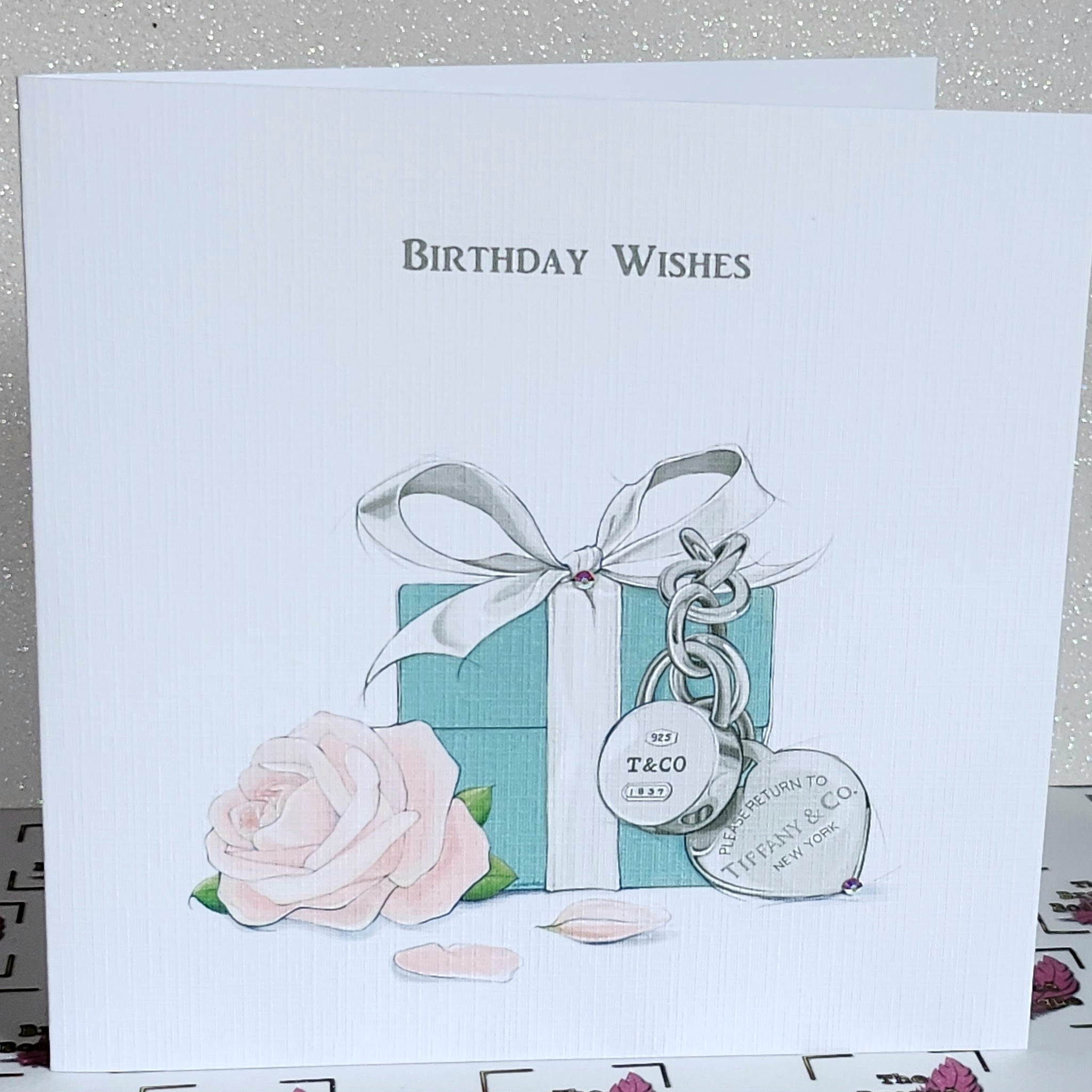 Birthday Wishes Card Watercolour Tiffany Gift Box And Flower Genuine Flat Backed Swarovski Crystal Happy Birthday Wishes Free Delivery