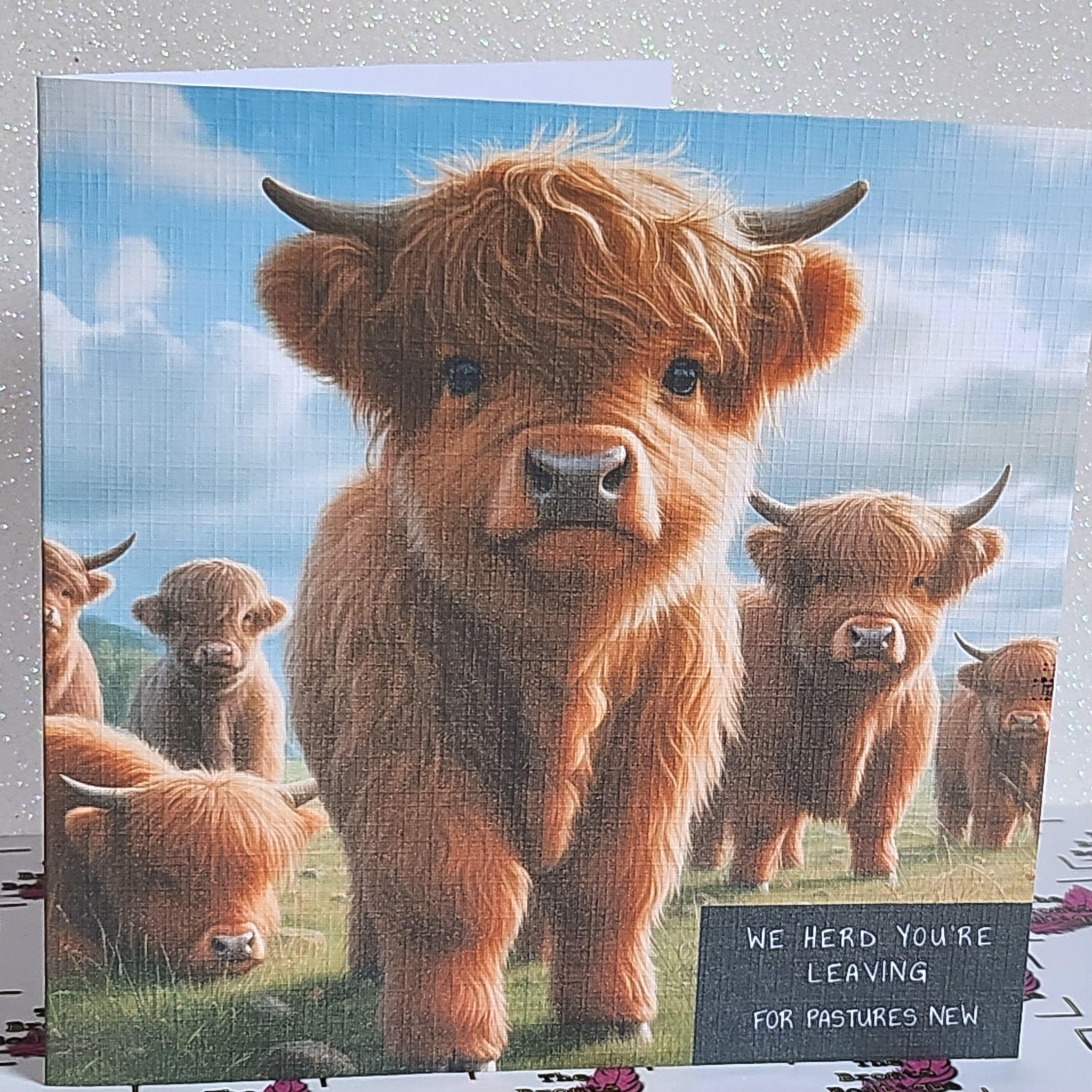 Highland Cow Leaving Card 'We Herd You're Leaving Handmade Linen Effect Free Delivery.