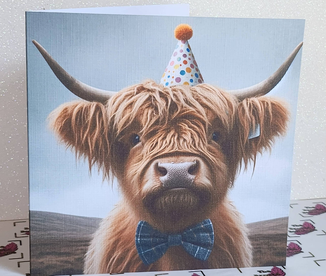 Highland Cow Birthday Card Highland Cow Wearing Birthday Hat And Bow Tie