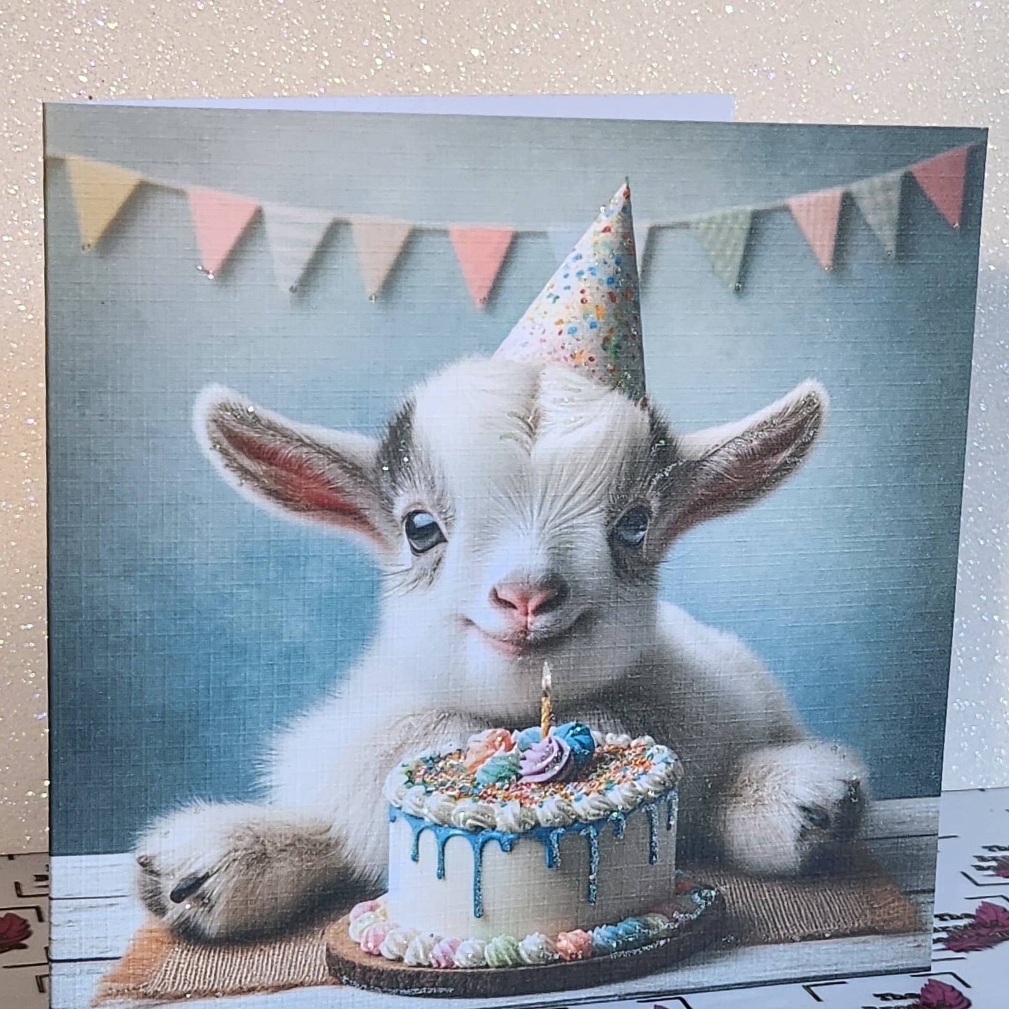 Baby Goat Wearing Birthday Hat Handmade Birthday Card