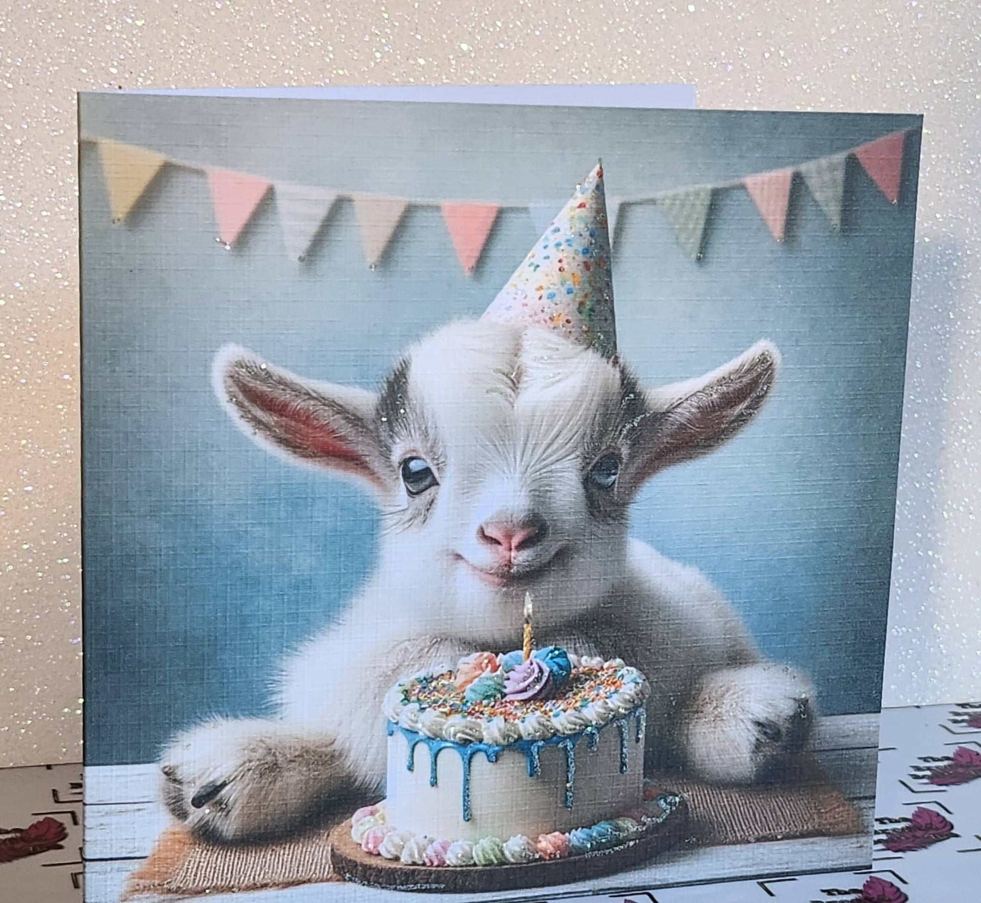 Baby Goat Wearing Birthday Hat Handmade Birthday Card