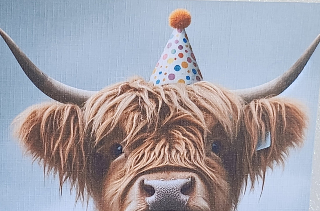 Highland Cow Birthday Card Highland Cow Wearing Birthday Hat And Bow Tie