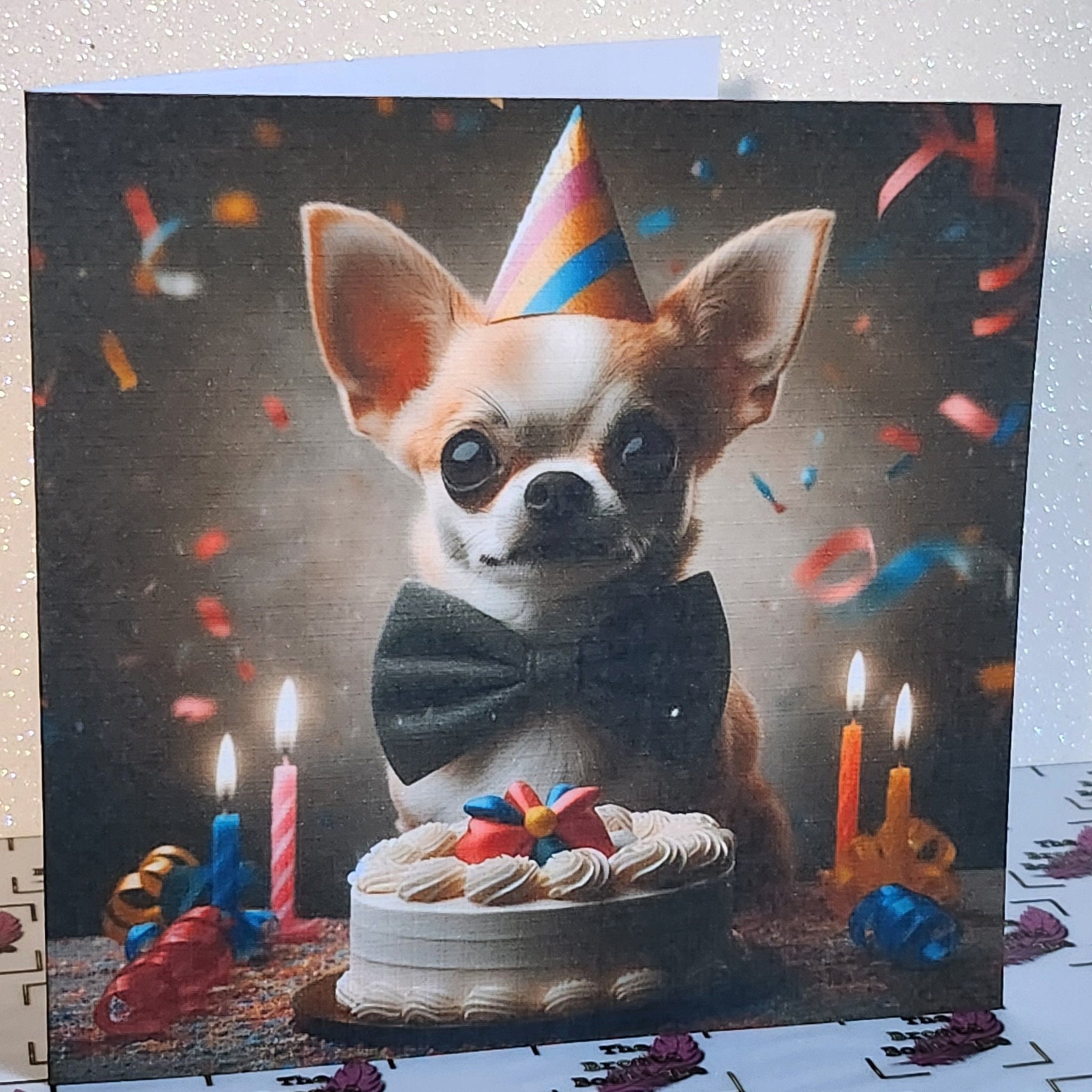 Chihuahua Birthday Card Chihuahua Wearing Birthday Hat & Bow Tie Happy Birthday Son Daddy Handmade Linen Effect Card Square Free Delivery