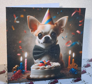 Chihuahua Birthday Card Chihuahua Wearing Birthday Hat & Bow Tie Happy Birthday Son Daddy Handmade Linen Effect Card Square Free Delivery