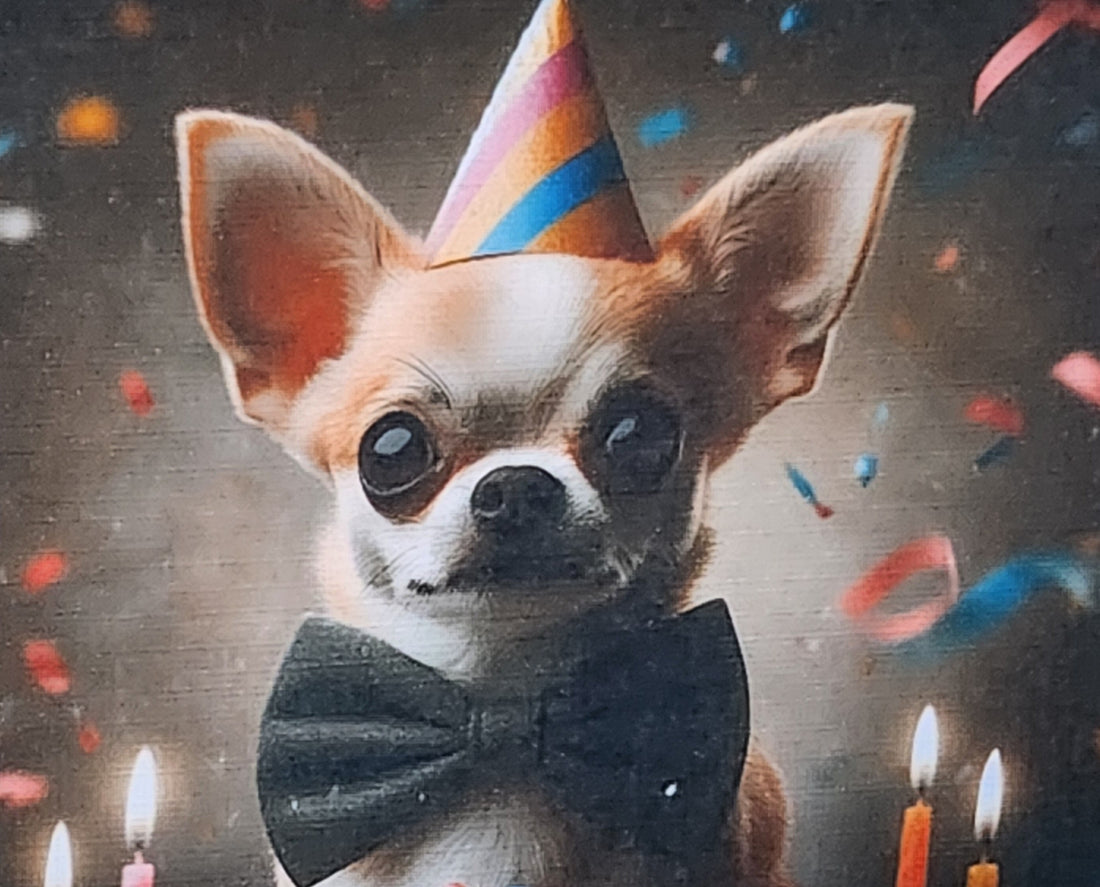 Chihuahua Birthday Card Chihuahua Wearing Birthday Hat & Bow Tie Happy Birthday Son Daddy Handmade Linen Effect Card Square Free Delivery