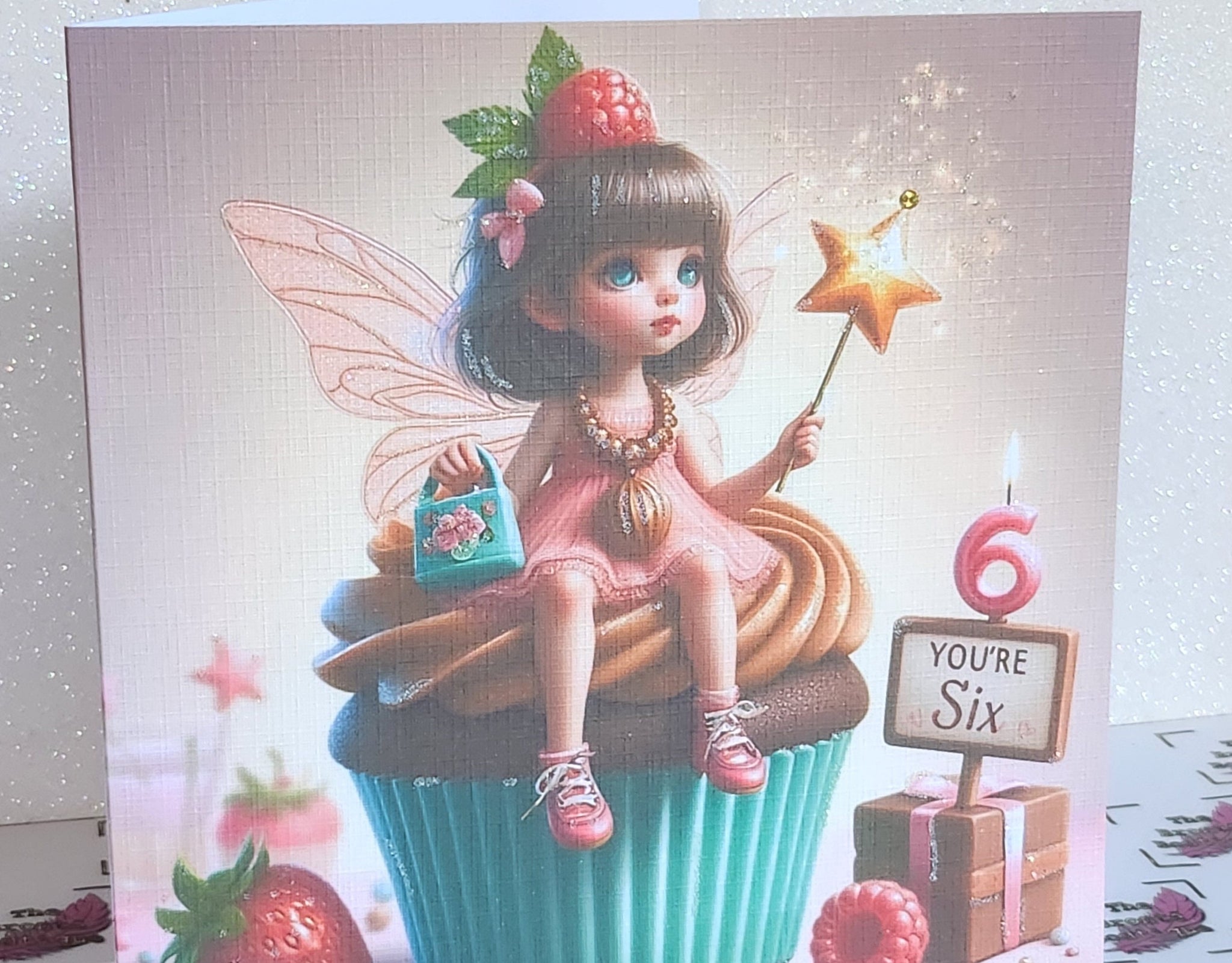 6th Birthday Card Fairy With Tiara Sat On Cupcake 'You're Six' Daughter Glitter Detailing Swarovski Flat Backed Crystal Square Free Delivery