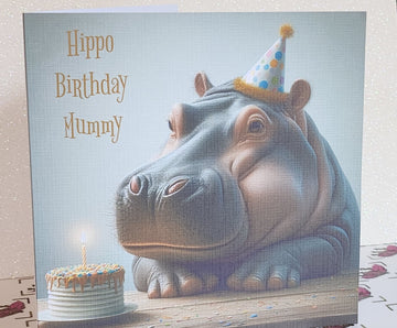 Hippo Birthday Card Hippopotamus Wearing Birthday Hat With Birthday Cake 'Hippo Birthday Mummy' Handmade Linen Effect Square Free Delivery