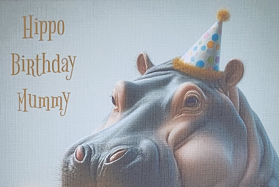 Hippo Birthday Card Hippopotamus Wearing Birthday Hat With Birthday Cake 'Hippo Birthday Mummy' Handmade Linen Effect Square Free Delivery