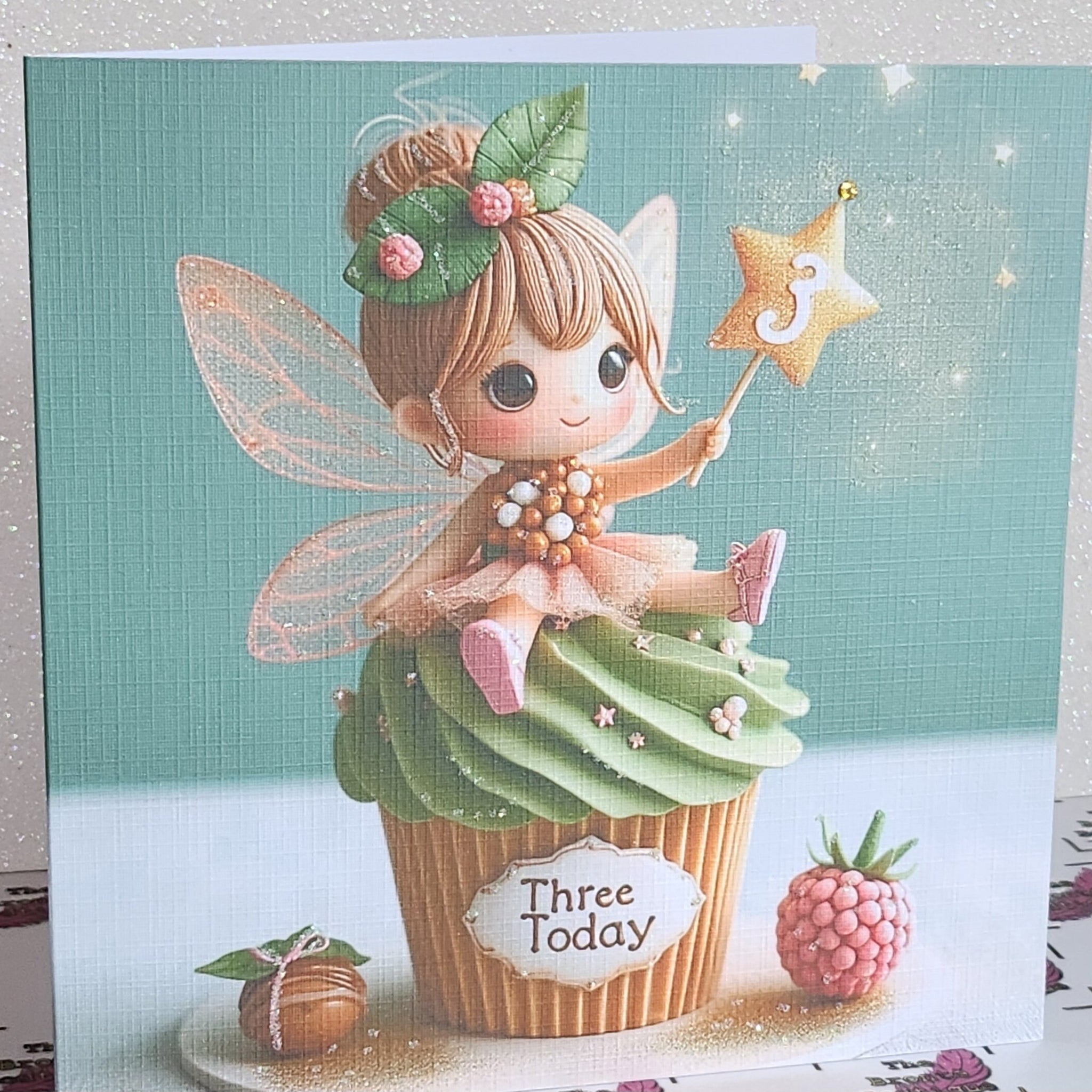 3rd Birthday Card Cute Fairy With Tiara Sat On Cupcake 'Three Today' Glitter Detailing Swarovski Flat Backed Crystal Handmade Free Delivery