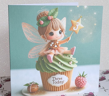 3rd Birthday Card Cute Fairy With Tiara Sat On Cupcake 'Three Today' Glitter Detailing Swarovski Flat Backed Crystal Handmade Free Delivery