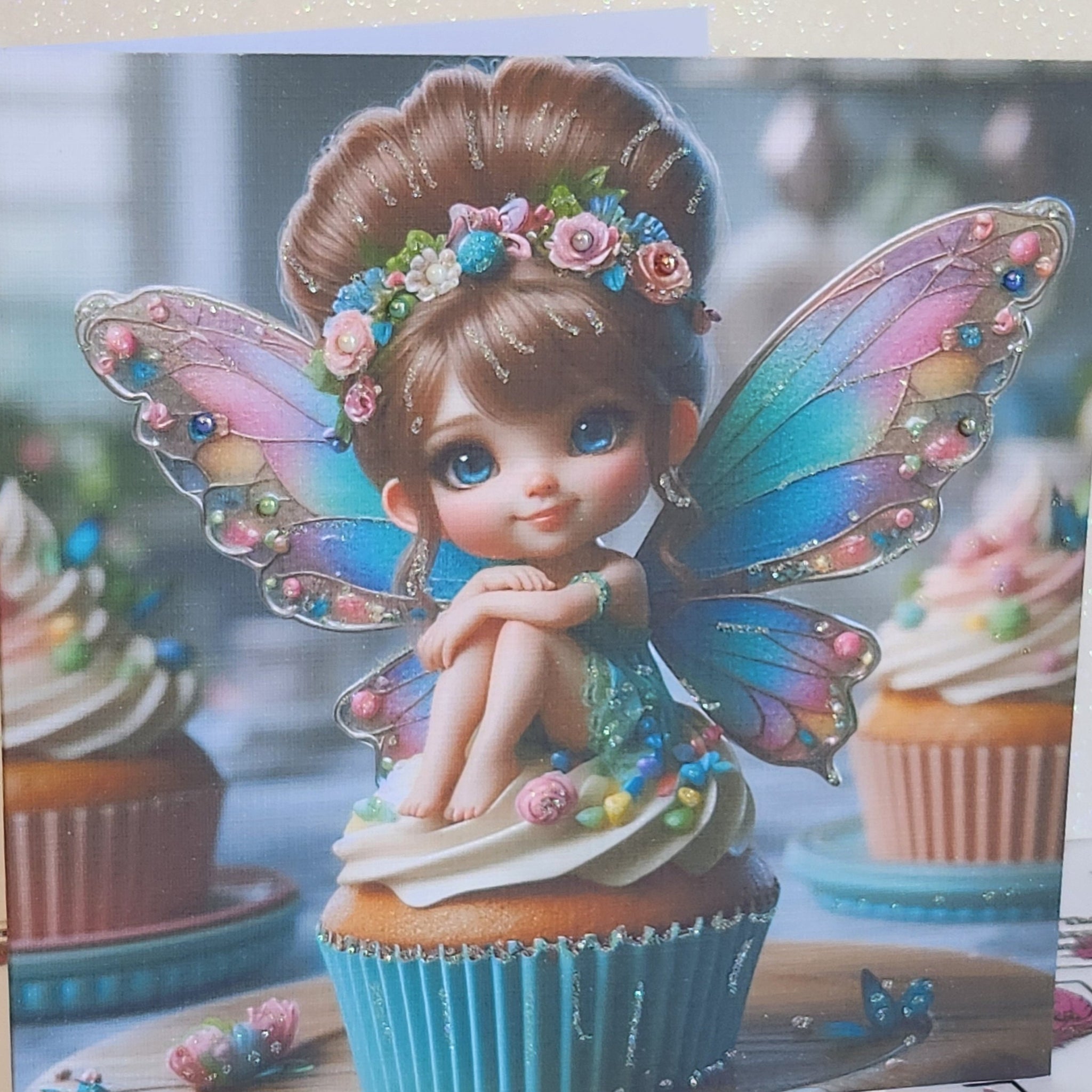 Fairy Card Fairy With Tiara Sat On Cupcake Daughter Friend Rainbow Wings Faux Pearls Glitter Detailing Happy Birthday Square Free Delivery