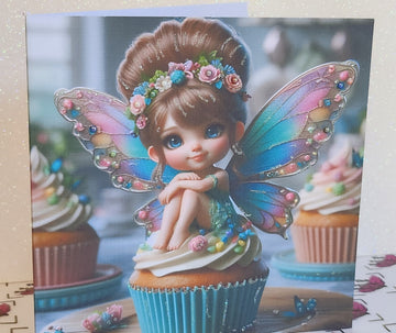 Fairy Card Fairy With Tiara Sat On Cupcake Daughter Friend Rainbow Wings Faux Pearls Glitter Detailing Happy Birthday Square Free Delivery