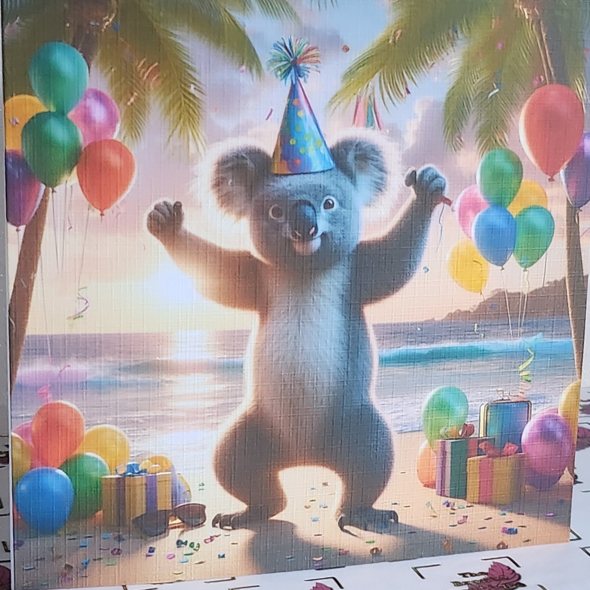 Koala Bear Birthday Card Dancing Koala Wearing Birthday Hat On Beach With Birthday Presents Handmade Linen Effect Card Square Free Delivery