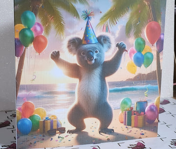 Koala Bear Birthday Card Dancing Koala Wearing Birthday Hat On Beach With Birthday Presents Handmade Linen Effect Card Square Free Delivery