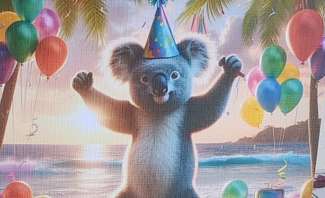 Koala Bear Birthday Card Dancing Koala Wearing Birthday Hat On Beach With Birthday Presents Handmade Linen Effect Card Square Free Delivery