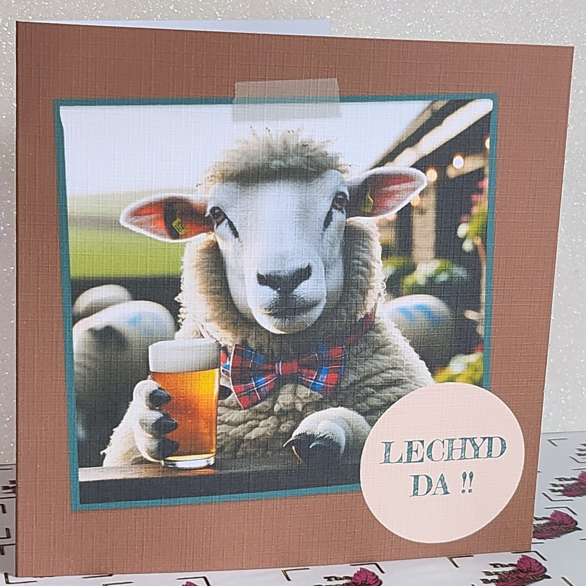 Welsh Birthday Card Sheep With Pint 'Cheers!!' In Welsh 'Lechyd Da!!' Dad Son Uncle Handmade Linen Effect Card Square Free Delivery Friend