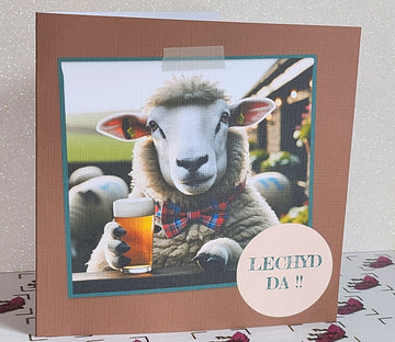 Welsh Birthday Card Sheep With Pint 'Cheers!!' In Welsh 'Lechyd Da!!' Dad Son Uncle Handmade Linen Effect Card Square Free Delivery Friend