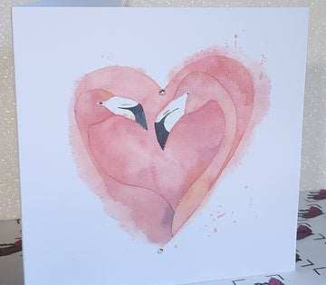 Watercolour Flamingo Couple Heart Card Valentine's Day Husband Wife Wedding Anniversary Swarovski Crystal Glitter Handmade Free Delivery