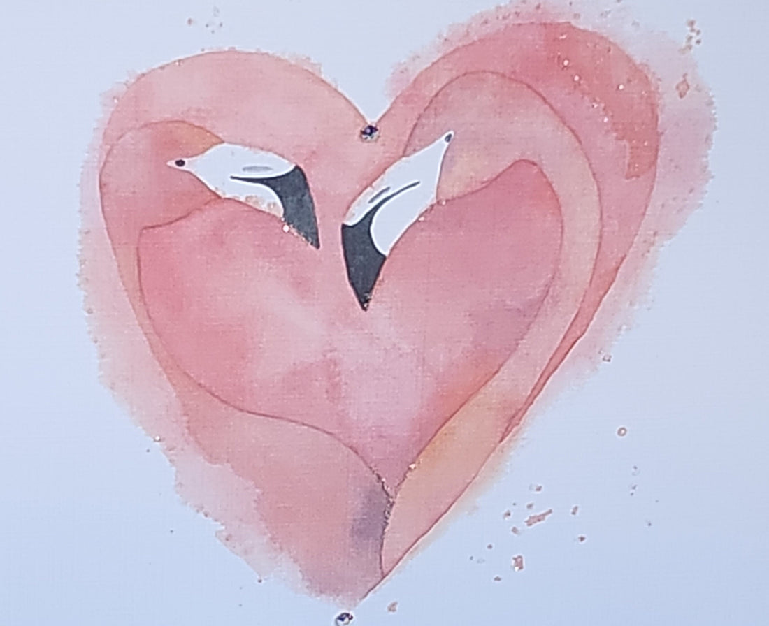 Watercolour Flamingo Couple Heart Card Valentine's Day Husband Wife Wedding Anniversary Swarovski Crystal Glitter Handmade Free Delivery