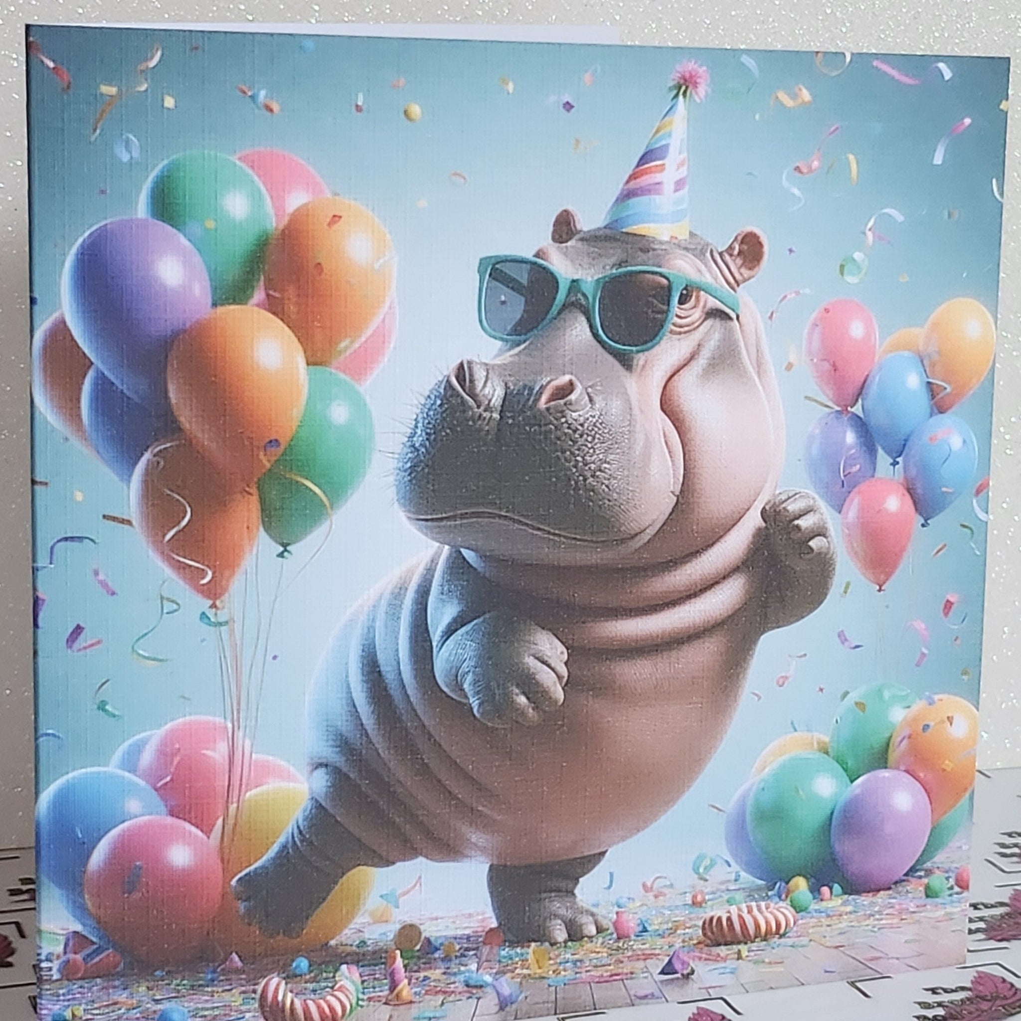 Hippo Birthday Card Hippopotamus Wearing Birthday Hat With Balloons Personalised Option Handmade Linen Effect Card Square Free Delivery