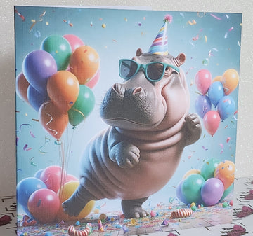 Hippo Birthday Card Hippopotamus Wearing Birthday Hat With Balloons Personalised Option Handmade Linen Effect Card Square Free Delivery