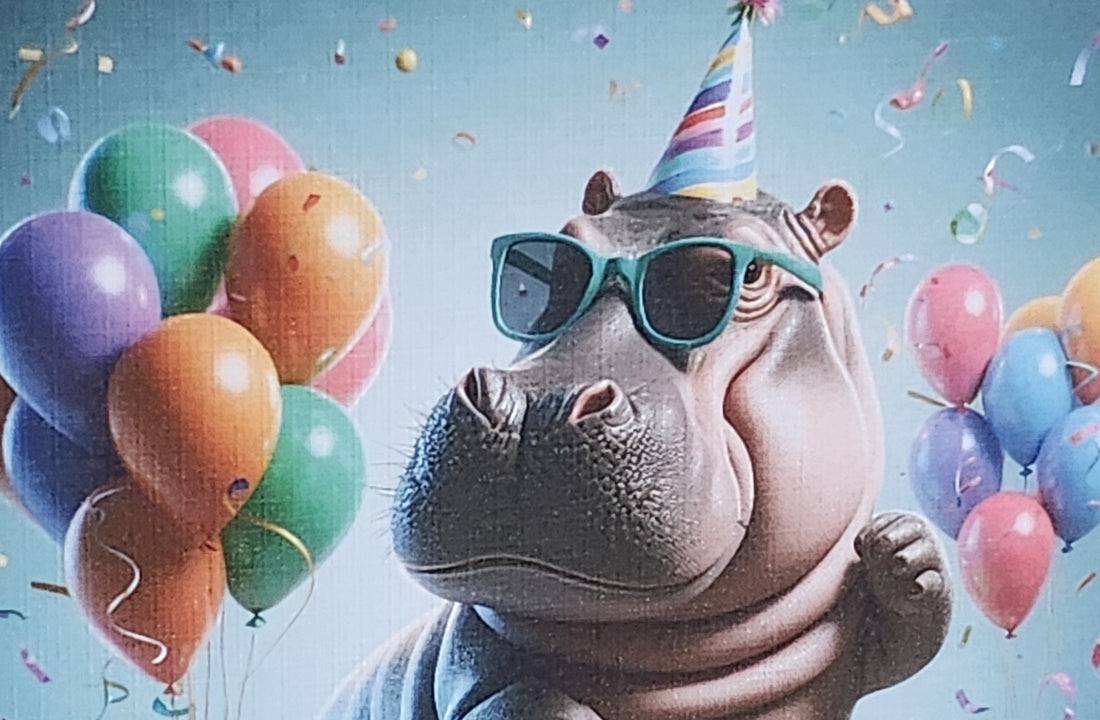 Hippo Birthday Card Hippopotamus Wearing Birthday Hat With Balloons Personalised Option Handmade Linen Effect Card Square Free Delivery